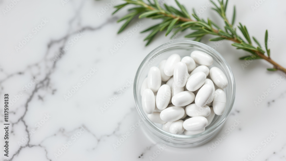 Magnesium supplements in a glass jar with a sprig of rosemary on a marble surface. Magnesium supplements in a glass jar with a sprig of rosemary on a marble surface.