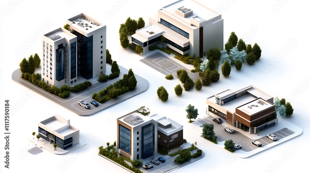 Isometric city blocks with various buildings, including office, hospital, and commercial structures, Isometric city blocks with various buildings, including office, hospital, and commercial structures,