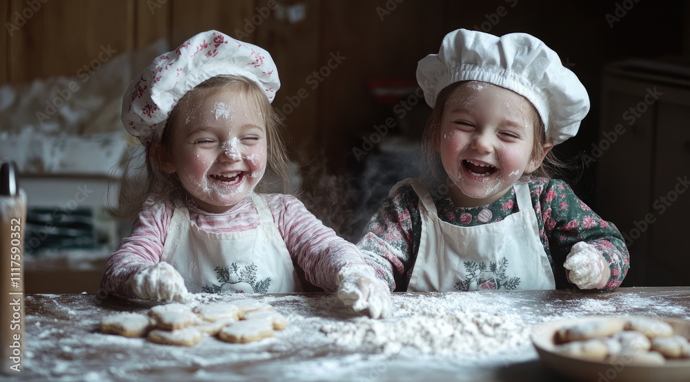two children, dressed as chefs and wearing aprons, baking Christmas cookies in the kitchen at home during the Christmas season two children, dressed as chefs and wearing aprons, baking Christmas cookies in the kitchen at home during the Christmas season