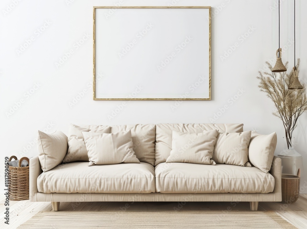 Minimalist living room interior with a beige sofa. a large empty picture frame. and natural elements Minimalist living room interior with a beige sofa. a large empty picture frame. and natural elements