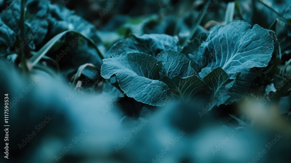 Lush Teal Cabbage Leaves in a Garden. Lush Teal Cabbage Leaves in a Garden.