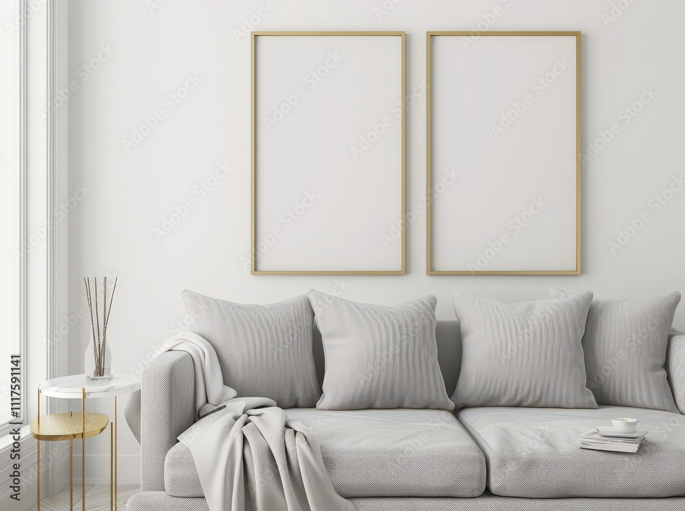 Minimalist living room with a grey sofa. two empty picture frames. a throw blanket. and a side table with a vase Minimalist living room with a grey sofa. two empty picture frames. a throw blanket. and a side table with a vase