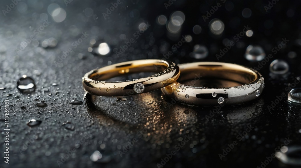 Elegant Wedding Rings on Wet Black Surface Elegant Wedding Rings on Wet Black Surface