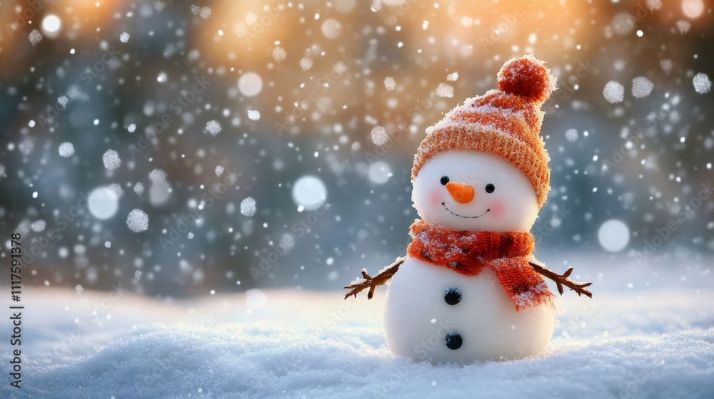 Smiling snowman wearing knitted hat and scarf enjoying snowfall in winter wonderland Smiling snowman wearing knitted hat and scarf enjoying snowfall in winter wonderland
