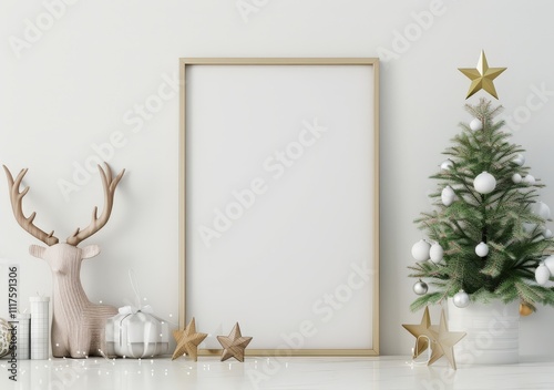 Blank white poster mockup with Christmas decor on a white table