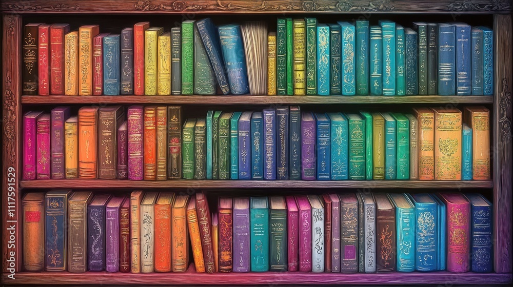 A Rainbow of Knowledge Colorful Books on a Wooden Bookshelf. A Rainbow of Knowledge Colorful Books on a Wooden Bookshelf.
