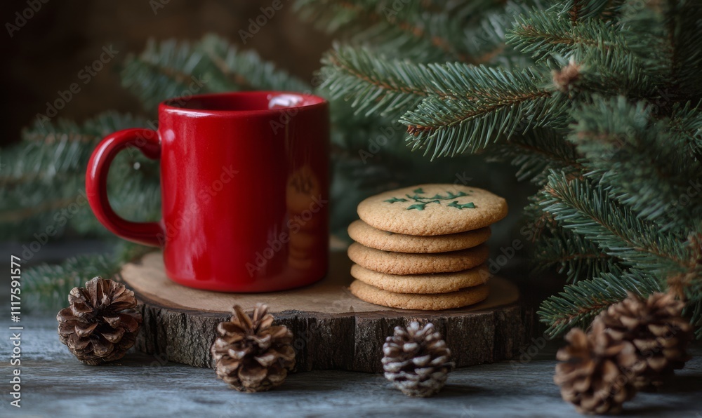 Christmas designed cup with coffee and gingerbread cookies on holiday background with Christmas decoration and bokeh, winter morning, festive concept