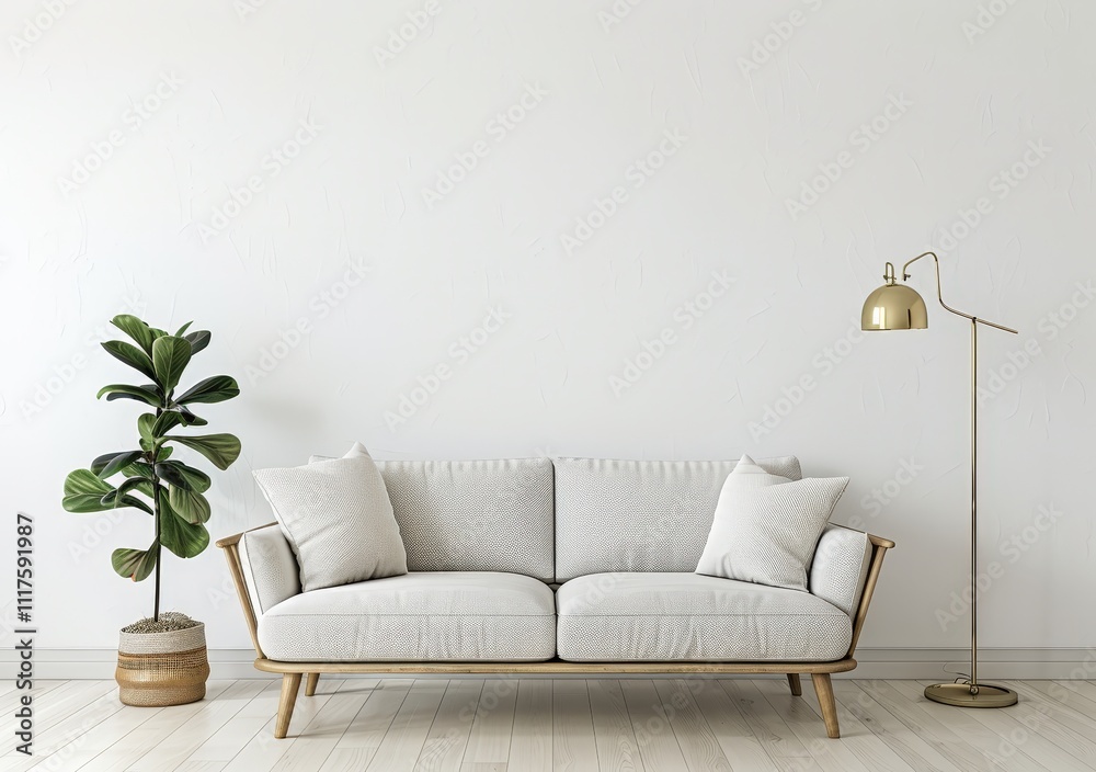 A white sofa with wooden legs in a minimalist living room with a floor lamp and a potted plant A white sofa with wooden legs in a minimalist living room with a floor lamp and a potted plant
