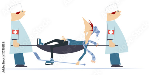 Photography Injured ice hockey player, two physicians with a stretcher