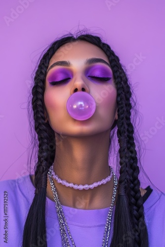 Trendy woman with purple makeup blowing bubblegum against vibrant background photo