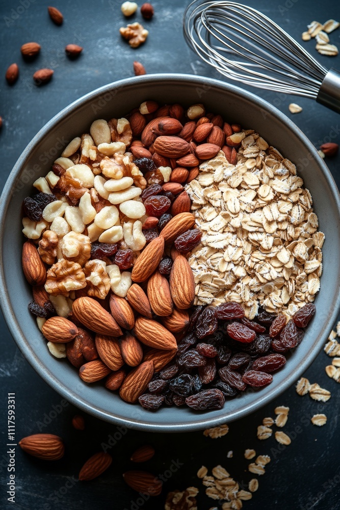 Fototapeta premium Nut and oat medley in mixing bowl with whisk on dark background