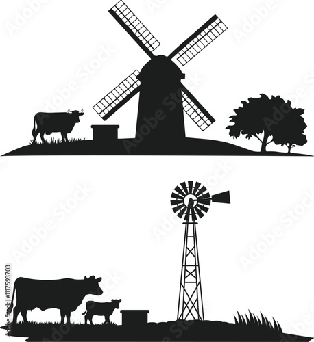 Farm Scene with Cattle and Windmill SVG File, Farming Vector Art Commercial and Personal Use Cricut Silhouette,
