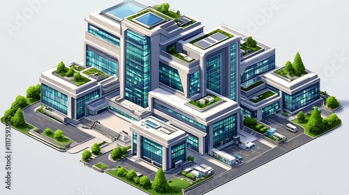 Modern futuristic hospital complex with green roofs and surrounding landscape.