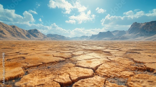 Arid desert landscape with cracked dry earth and barren wasteland under a harsh sunlit sky. photo