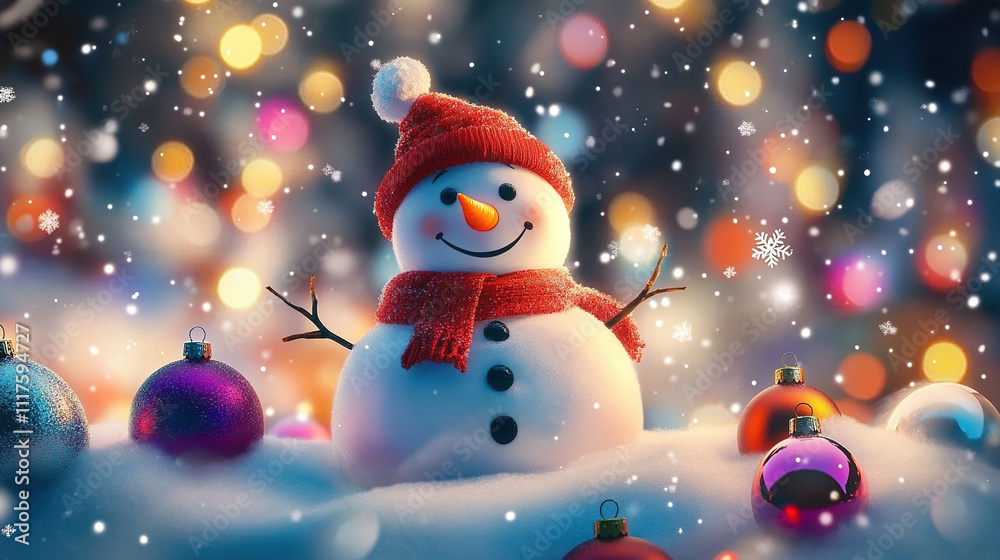 Obraz premium A happy and cute snowman in festive attire, surrounded by colorful Christmas decorations and falling snowflakes, with a charming night sky in the background, creates a festive Christmas atmosphere.