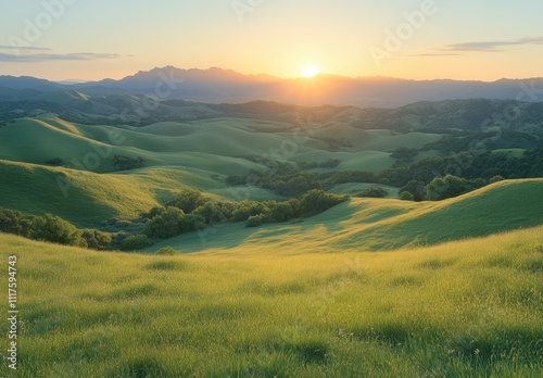 Serene Landscape at Sunrise with Rolling Green Hills and Soft Light Illuminating Nature in a Tranquil Scene of Natural Beauty in the Countryside