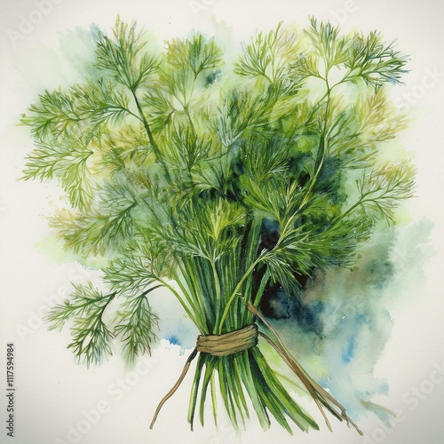 A stunning and vibrant watercolor painting of fresh dill, ideal for enhancing food blogs, packaging, and ecobranding photo