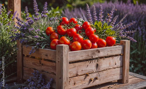 Wooden crate filled with tomatoes and lavender. The crate is on a table. There are many tomatoes in the crate photo