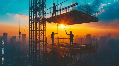 Construction Workers Silhouette At Sunset Cityscape