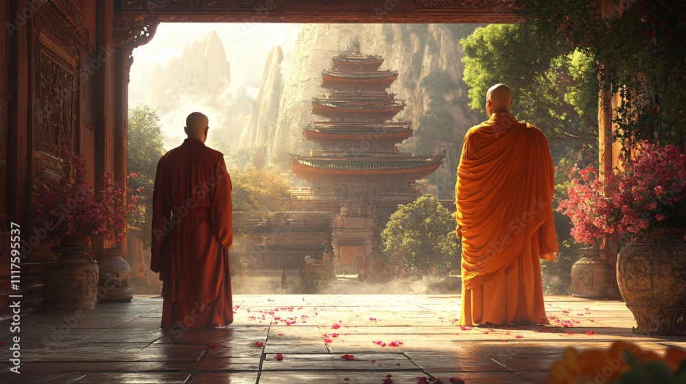 Fototapeta premium mountain, temple, monks, meditation, spiritual, religion, devotion, landscape, meditation, Buddhism, prayer, serenity, peaceful, temple architecture, monk robes, altitude, faith, pilgrimage, worship,
