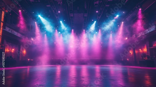 Concert stage illuminated with vibrant purple and blue lights creating a smoky atmospheric ambiance.