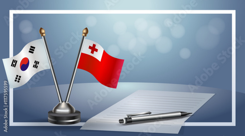 South Korea and Tonga Small national flag on bokeh background, cooperative relationship