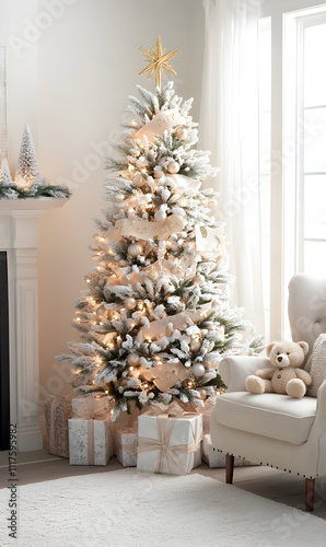 Cozy Christmas living room with a natural pine tree decorated with pastel ribbons, white lights, and decorative candles,  A bouclé armchair with a teddy bear and a modern portable heater nearby.