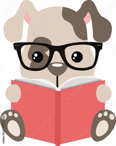 Cute puppy sitting reading a book