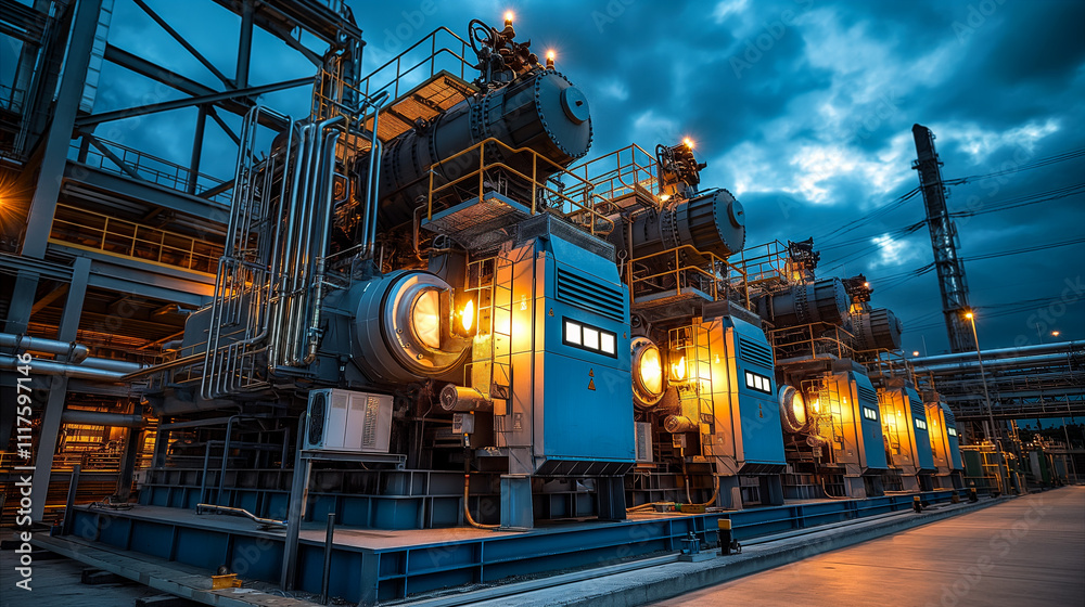 Obraz premium Industrial power generators illuminated at dusk in a facility. Generative AI