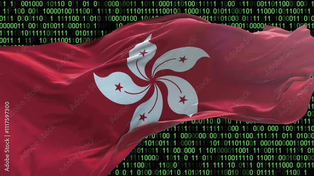 Hong Kong flag - 3D realistic waving flag on matrix digital background with binary code