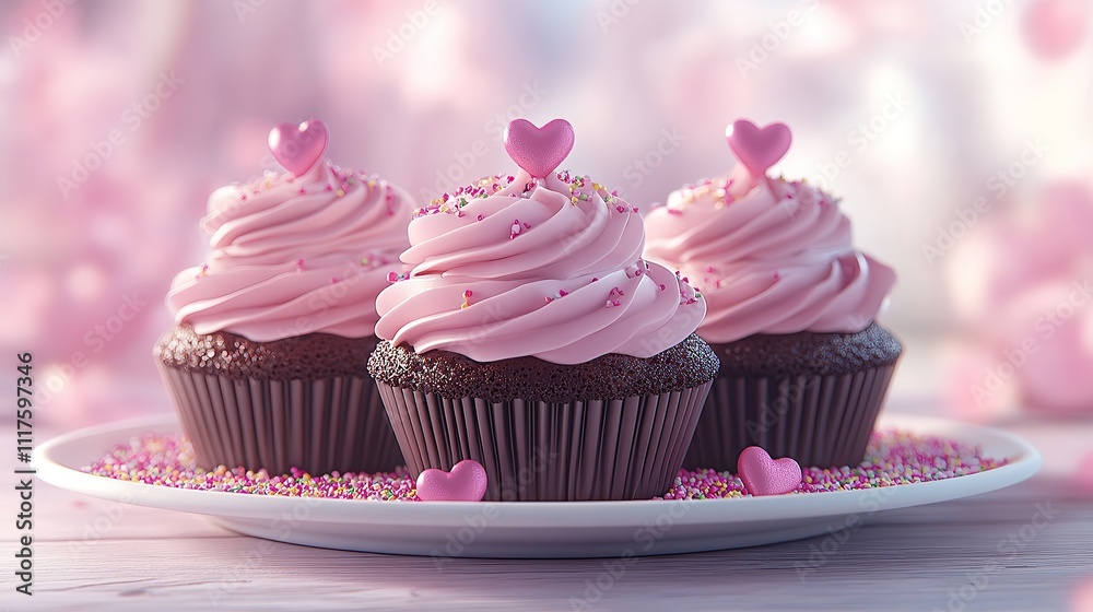Three pink-frosted cupcakes with heart-shaped toppers on a white plate, sprinkled with pink and white sprinkles, on a light wooden surface. Romantic, sweet treats. Three pink-frosted cupcakes with heart-shaped toppers on a white plate, sprinkled with pink and white sprinkles, on a light wooden surface. Romantic, sweet treats.