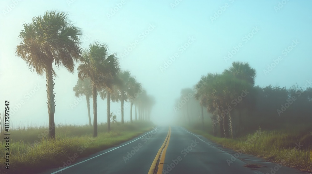Fototapeta premium Foggy road with palm trees leading into the unknown on a misty morning