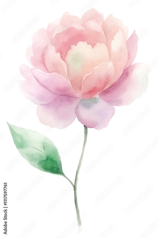 A watercolor painting of a pink flower with a green leaf A watercolor painting of a pink flower with a green leaf