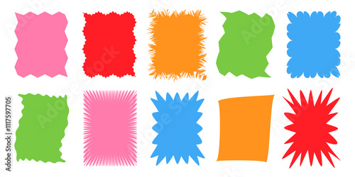 Squiggle stories frames set. Jaggered edges, retro scallop frames, psychedelic forms, groovy shapes set