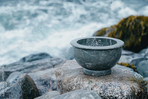 Serene memorial of a cremation urn placed on a rocky beach, symbolizing remembrance.