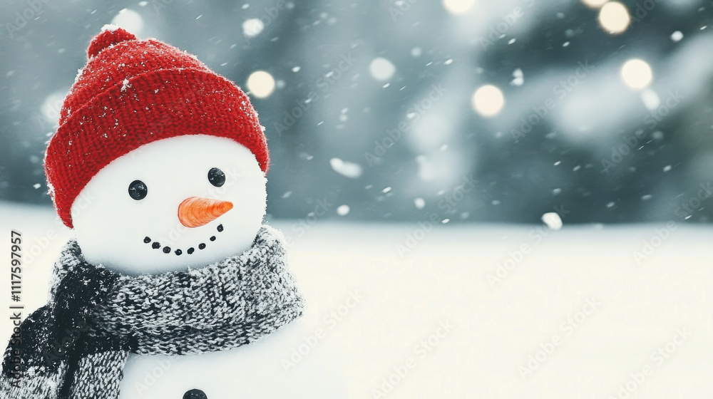 Snowman in Red Hat and Scarf in a Winter Wonderland Scene Snowman in Red Hat and Scarf in a Winter Wonderland Scene