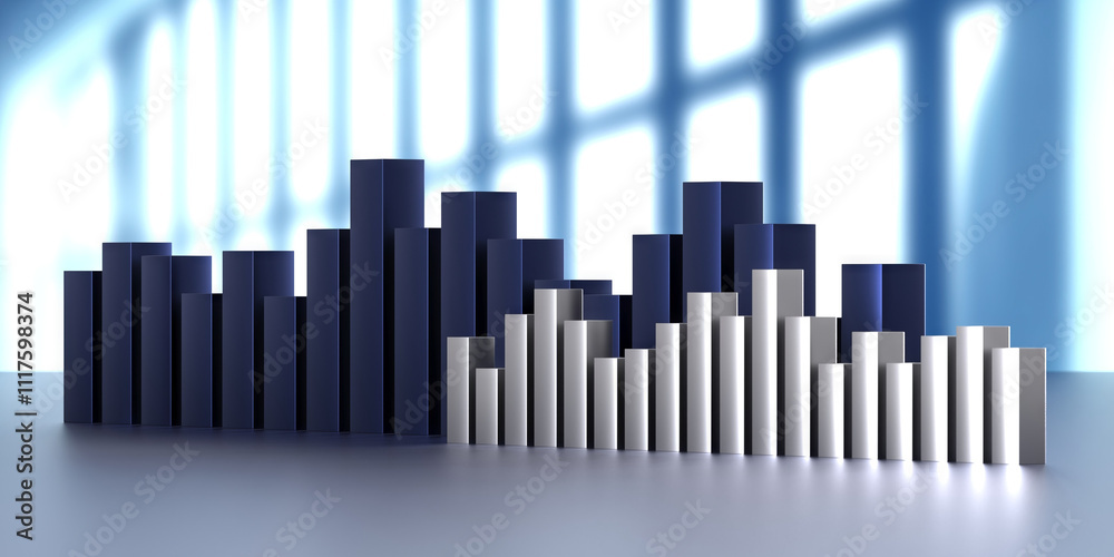 Fototapeta premium Modern abstract bar chart display with blue and white columns. 3d render