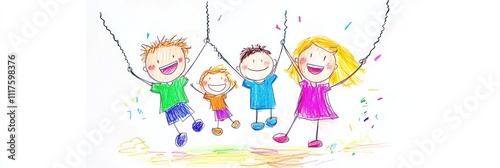 Children joyfully swinging together, celebrating playfulness and friendship.