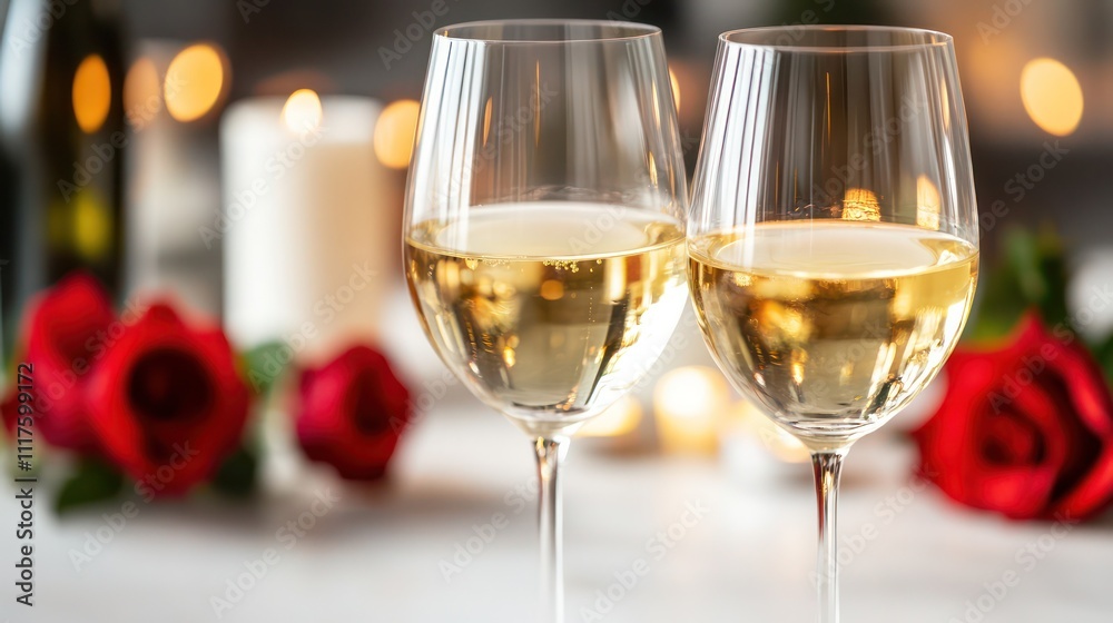 Two glasses of white wine with red roses and candles on a table. Romantic dinner setting. Two glasses of white wine with red roses and candles on a table. Romantic dinner setting.