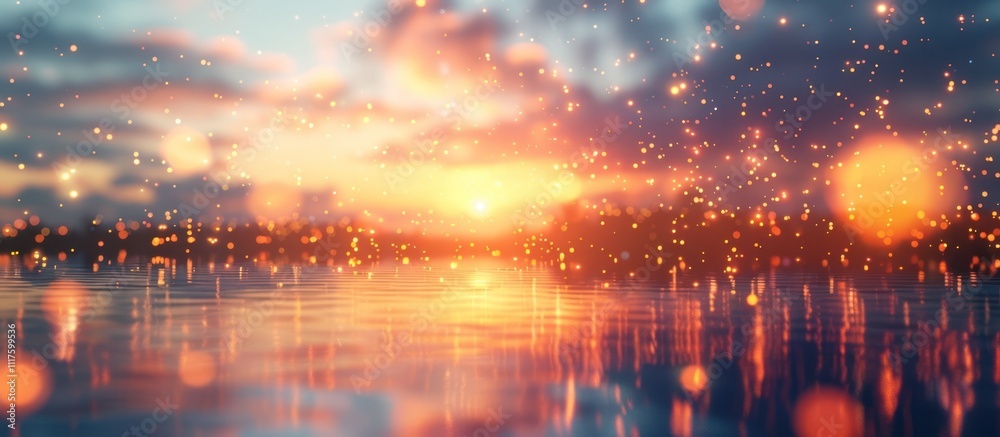Fototapeta premium Mesmerizing scene of a tranquil lake with a breathtaking sunset reflection casting a shimmering ethereal glow across the serene water The vibrant colors of the sky at dusk create a magical