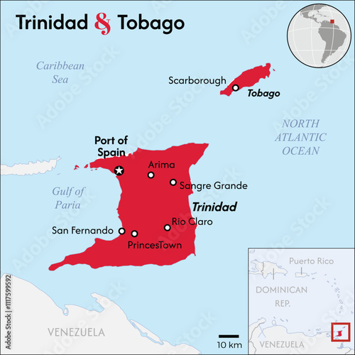 Official current country Map of unitary parliamentary constitutional republic of Trinidad and Tobago. Political map with capital Port of Spain. English labeling and scaling.