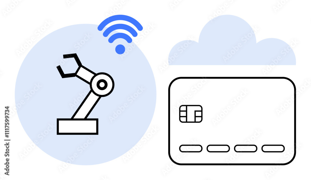 Robotic arm with wireless signal, cloud, and credit card. Ideal for technology, automation, cloud computing, IoT, digital transactions smart manufacturing and fintech. Line metaphor Robotic arm with wireless signal, cloud, and credit card. Ideal for technology, automation, cloud computing, IoT, digital transactions smart manufacturing and fintech. Line metaphor