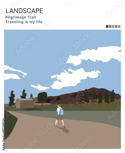 Landscape graphic traveling on a country road. Design cover covers, posters, postcards, banners, web pages, etc. 