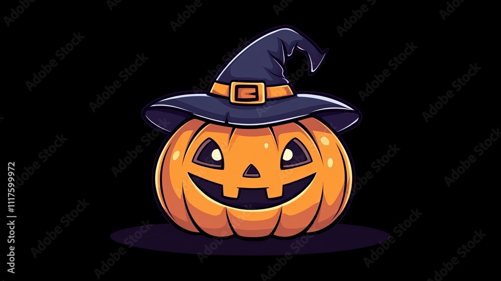 Fototapeta premium A cute cartoon pumpkin with a witch's hat, perfect for Halloween decorations. The pumpkin has a funny face and is set against a black background. This image is great for Halloween crafts or projects.