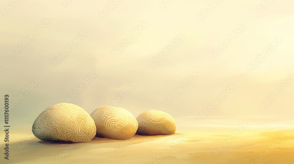 A serene landscape featuring three textured stones on a soft, sandy surface under gentle light.