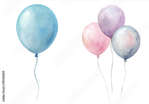A blue balloon is next to three pink and purple balloons