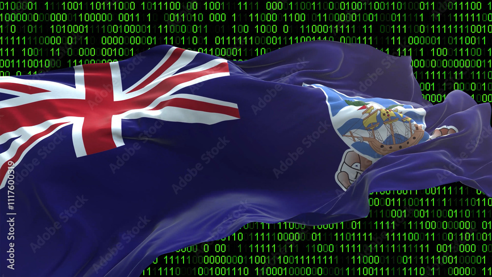 Fototapeta premium falkland Islands flag - 3D realistic waving flag on matrix digital background with binary code