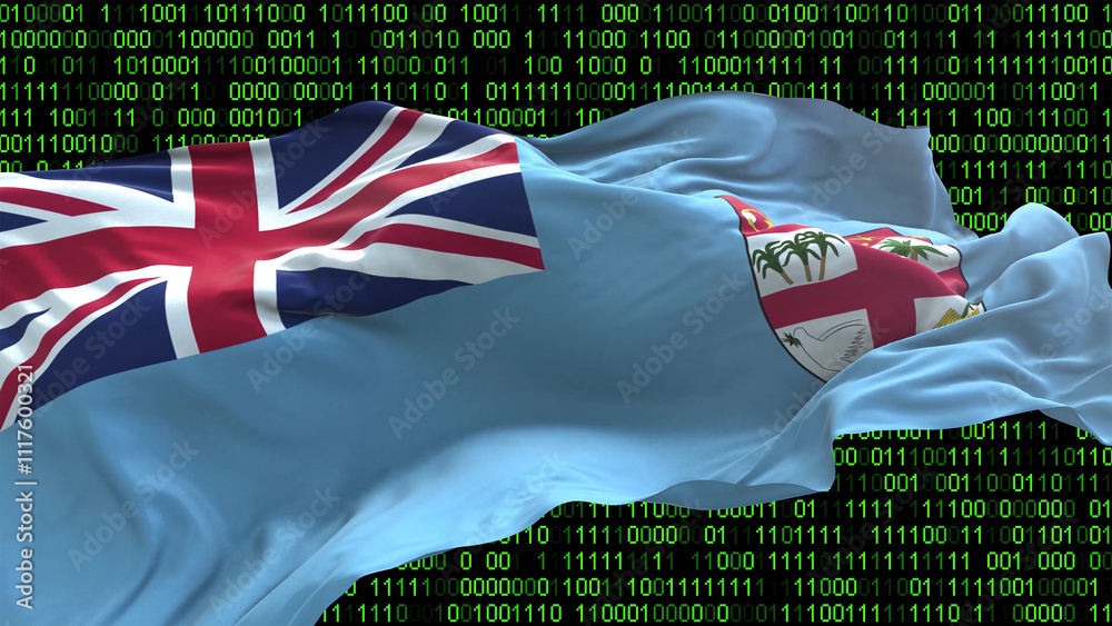 Fototapeta premium Fiji flag - 3D realistic waving flag on matrix digital background with binary code