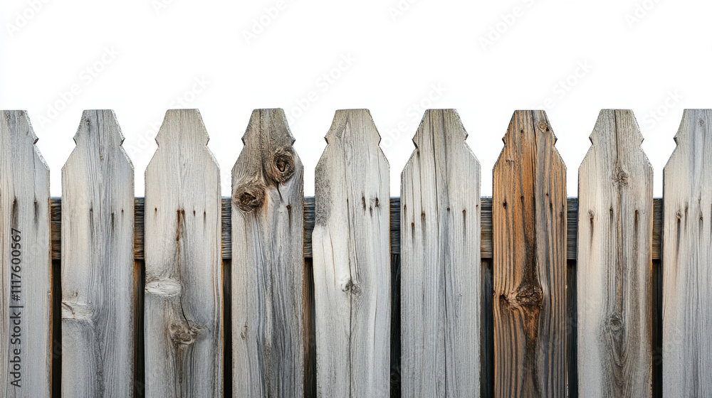 A weathered wooden fence with varied textures and warm tones set against a clear, white background, showcasing natural patterns and wood grain details. A weathered wooden fence with varied textures and warm tones set against a clear, white background, showcasing natural patterns and wood grain details.