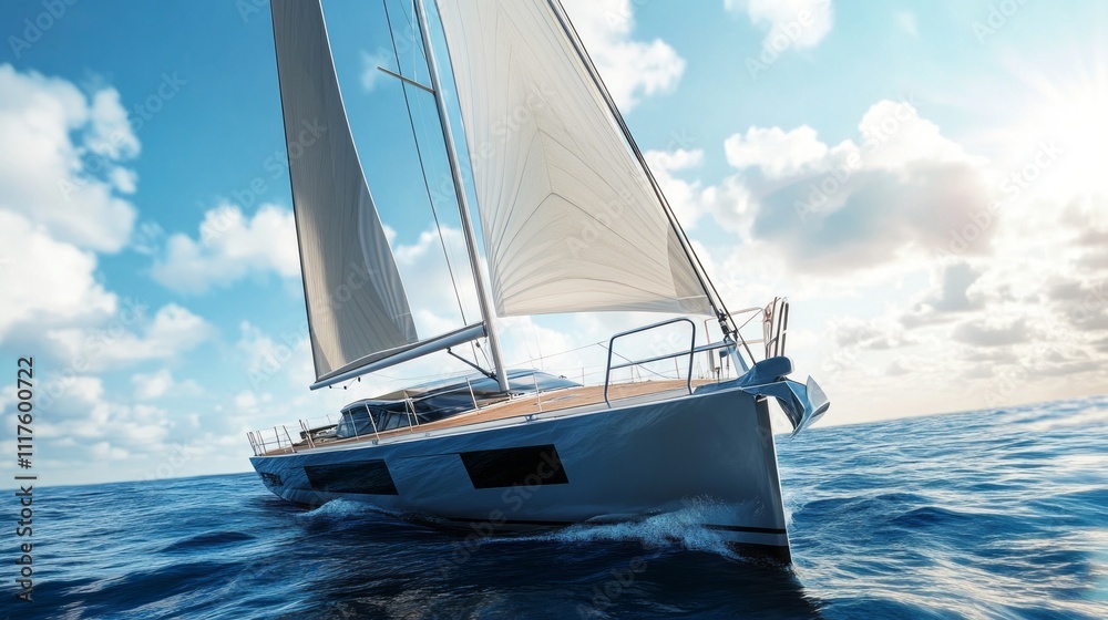 Fototapeta premium A sleek sailboat glides gracefully on calm blue waters, illuminated by the warm glow of a setting sun. Puffy clouds drift overhead, creating a serene atmosphere perfect for adventure and relaxation